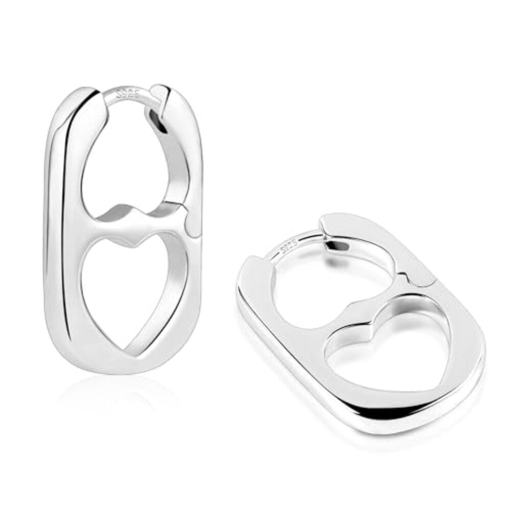 Sterling Silver Heart Rectangle Hoop‎ Earrings for Women